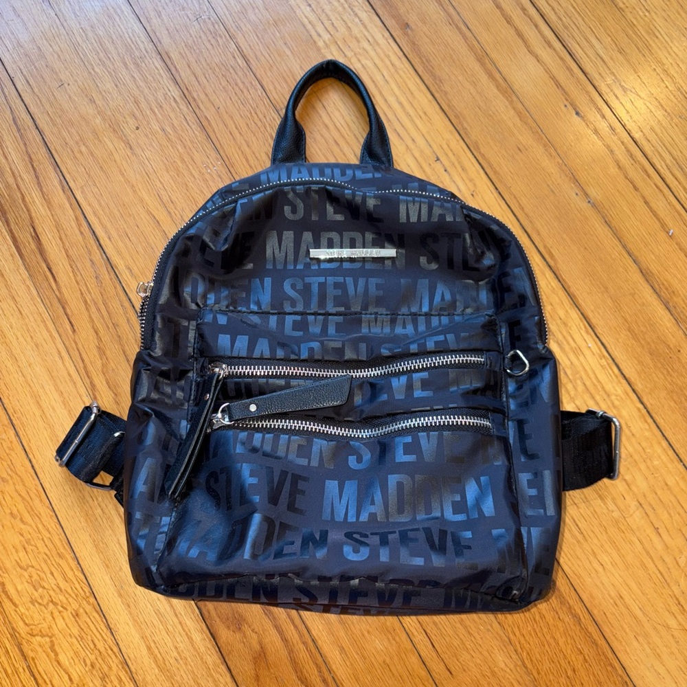 Steve Madden Black and Gray Logo Backpack